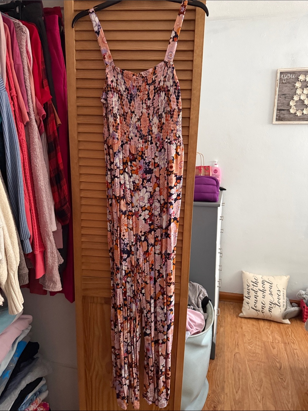 Floral Smocked Ankle-Length Jumpsuit in Pink